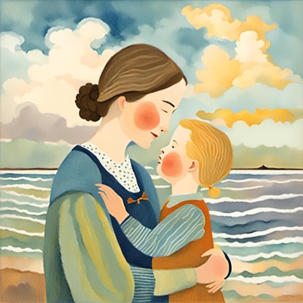 Mother and Son Walking on Beach in Watercolour Style