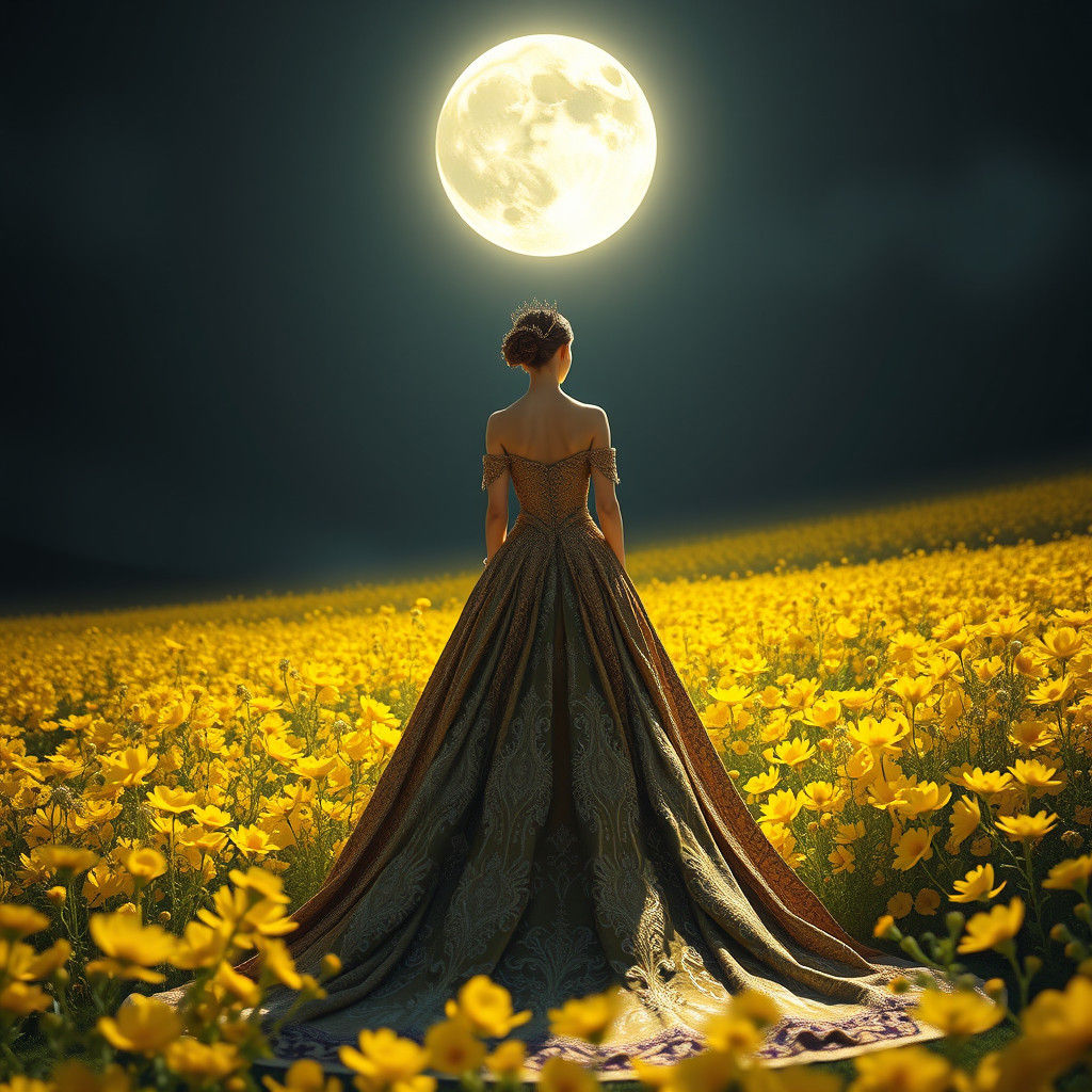 Queen in Flower Field Under Moon, Digital Art
