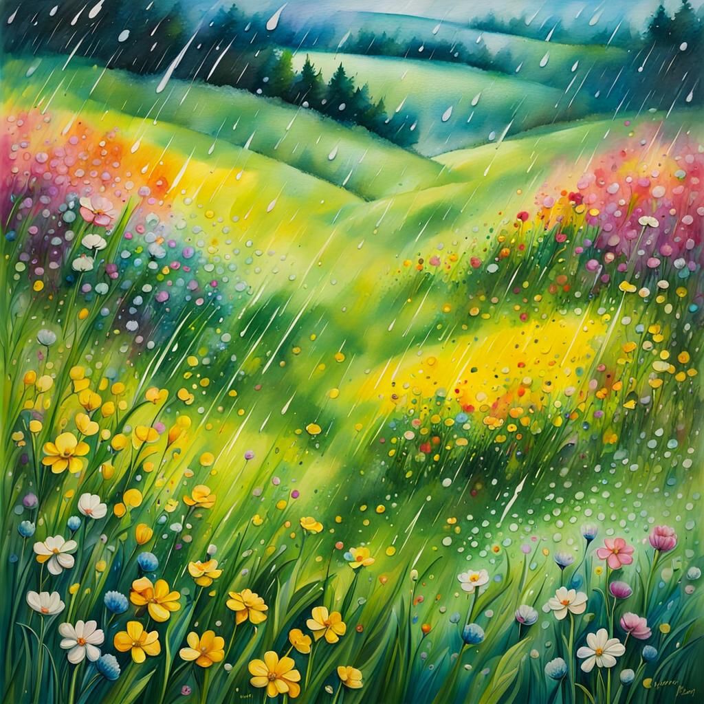 Rain Over Spring Meadow: Gouache Painting in Aerial View