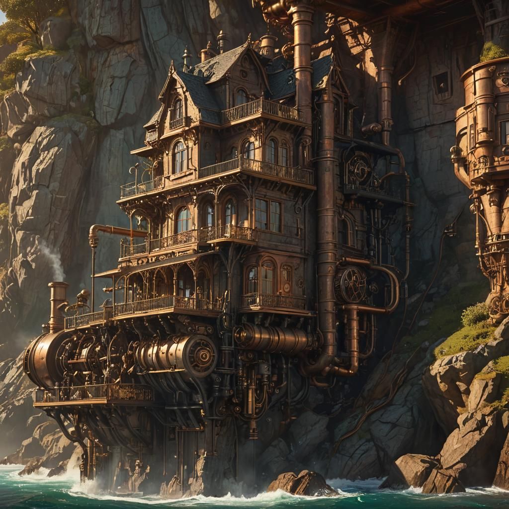Steampunk Cliffside House with Steam Engine