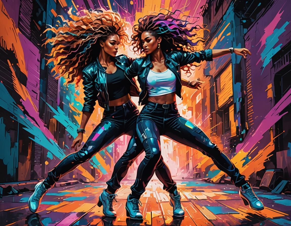 female couple dancers in the urban streets