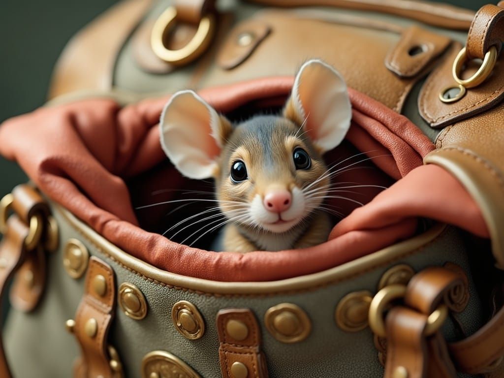 Whimsical Mouse Peeks from Luxurious Handbag in Beatrix Pott...