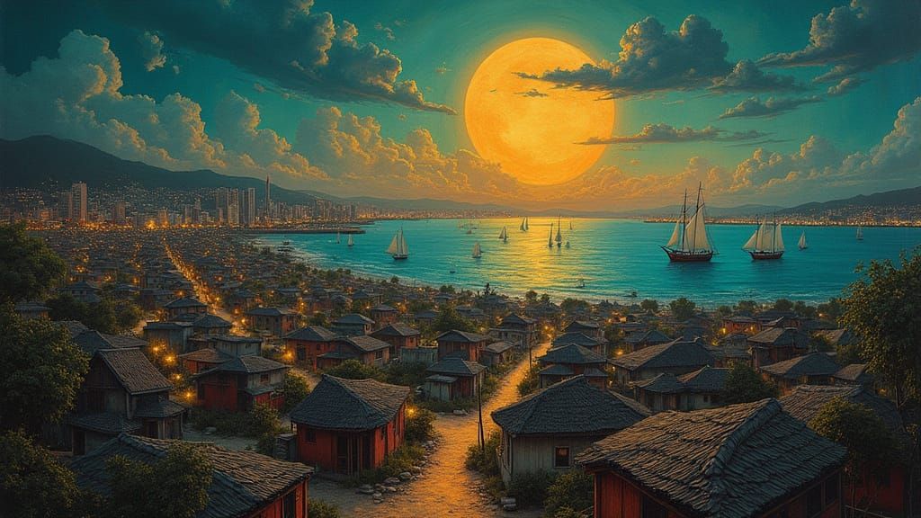 Steampunk Favela Cityscape at Night, Digital Painting