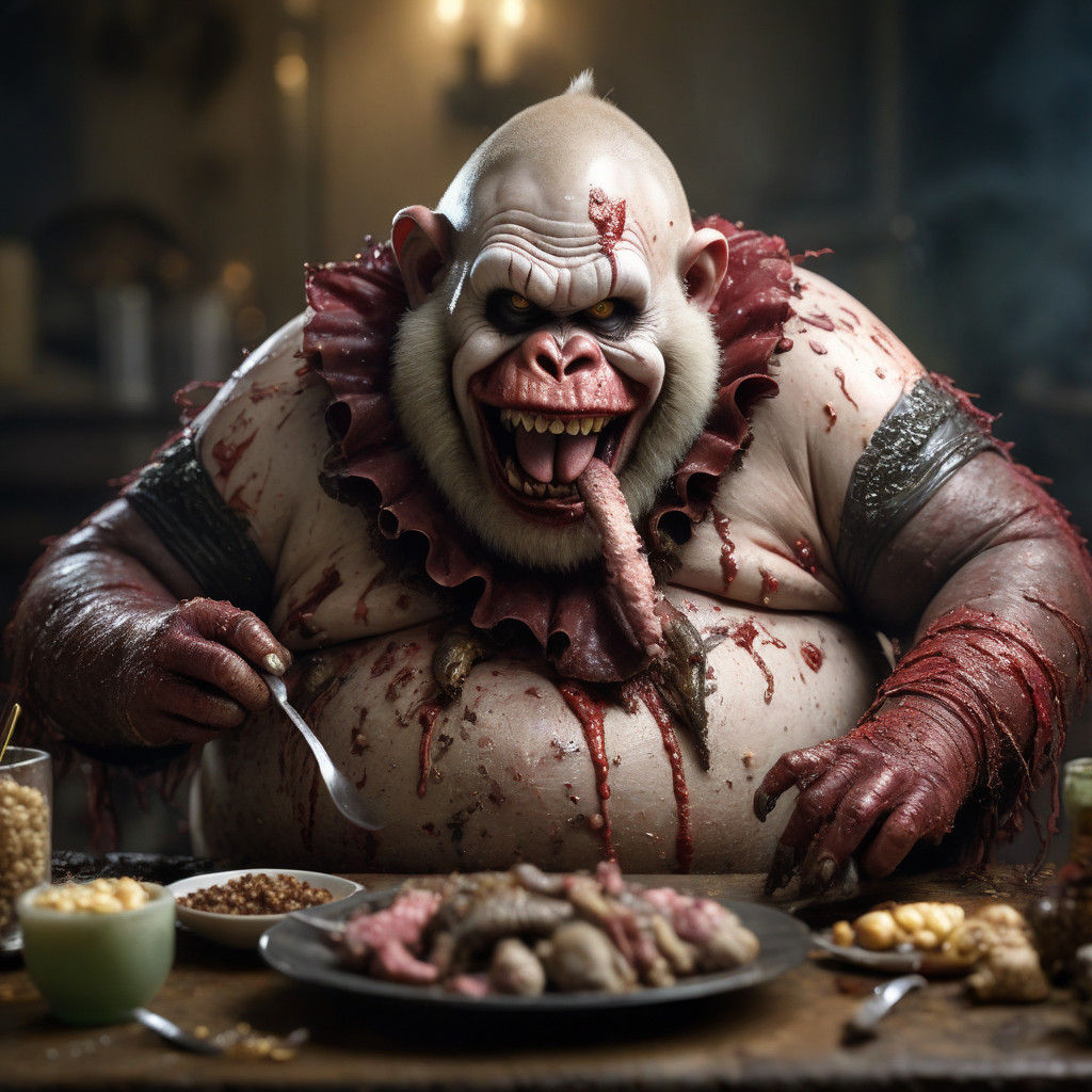 A Morbidly Obese Zombie Monkey Monster Clown Grins Maniacall...