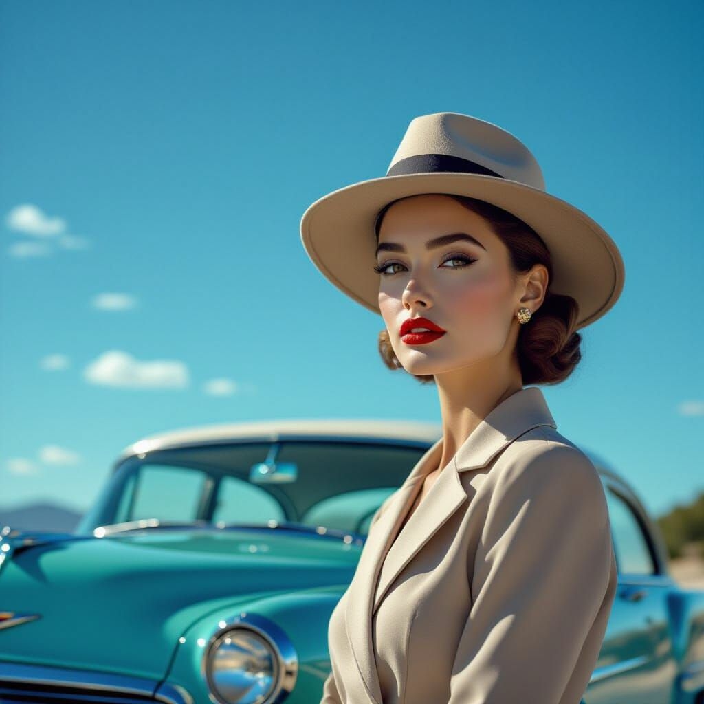 Glamorous Model Poses by Vintage Car in Classic Hollywood St...