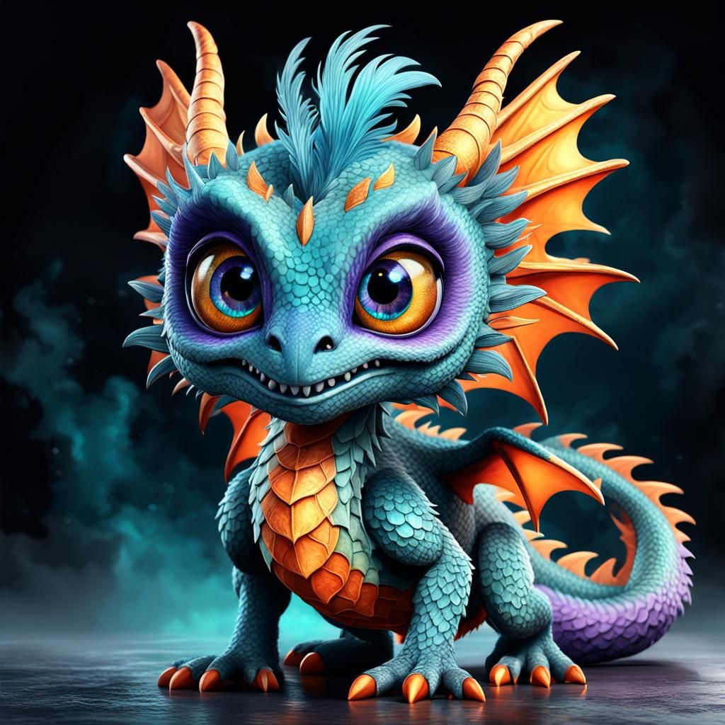 Cute Fluffy Dragon with Colorful Wings: 3D Render
