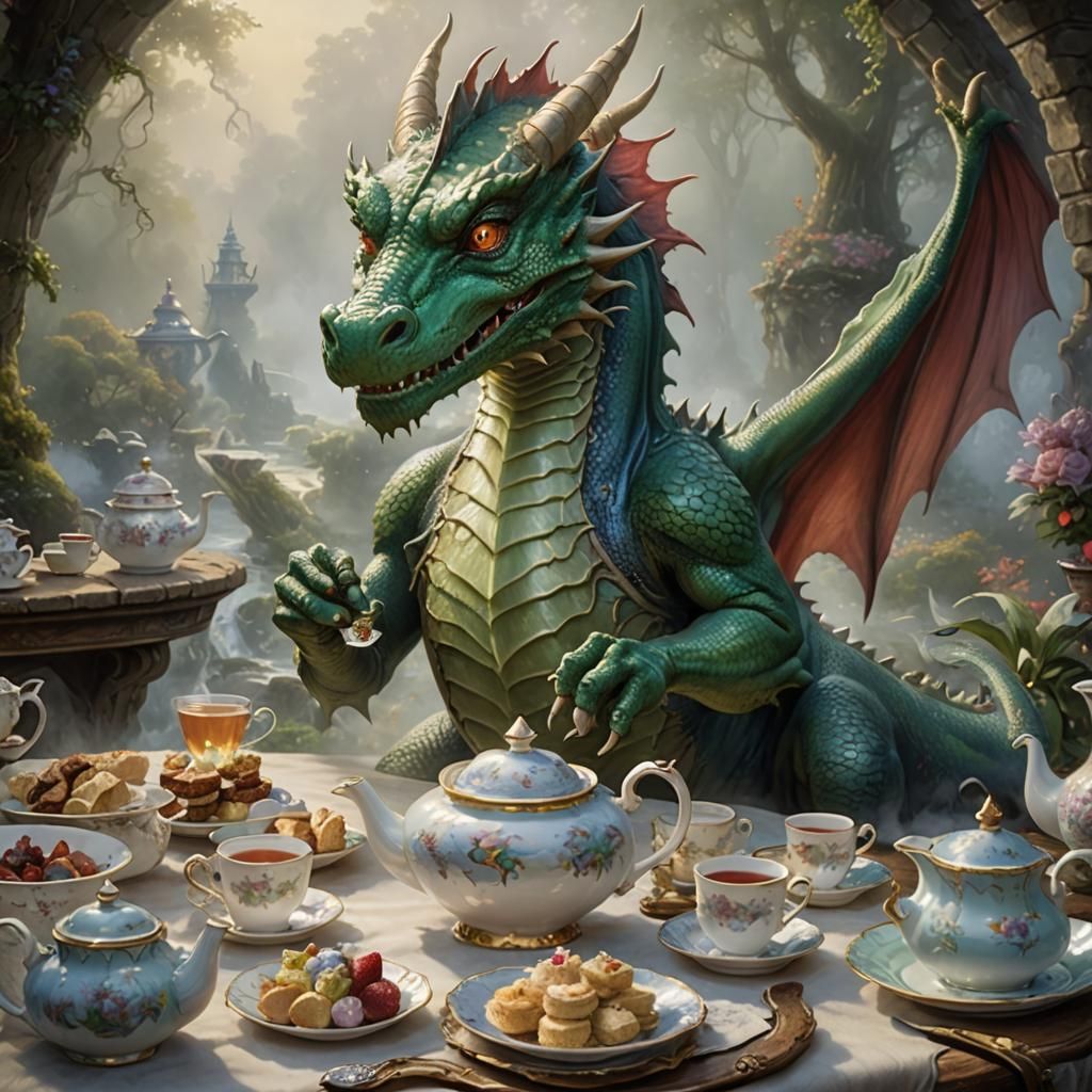 A very gentile and well mannered Dragon holding a tea party ...