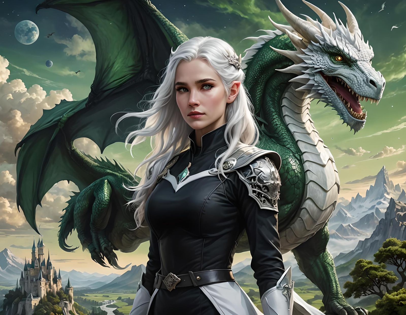 Dragon Rider with White Dragon in Fantasy Landscape