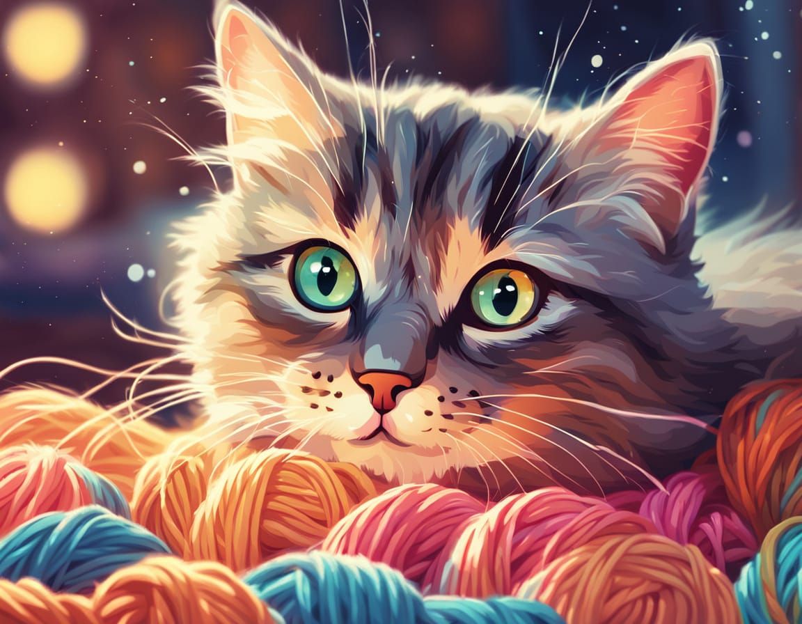 Cute Cat Playing with Yarn in Digital Painting Style