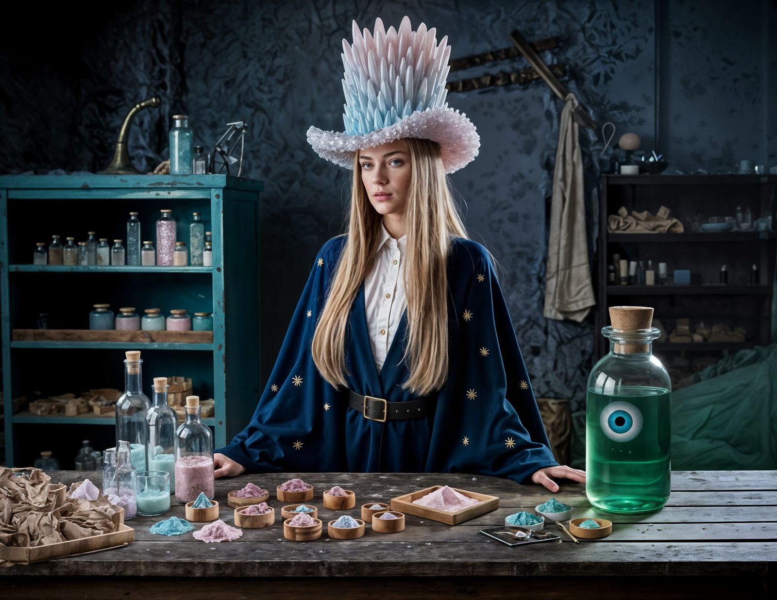 Model in Crystal Wizard Hat in Workshop
