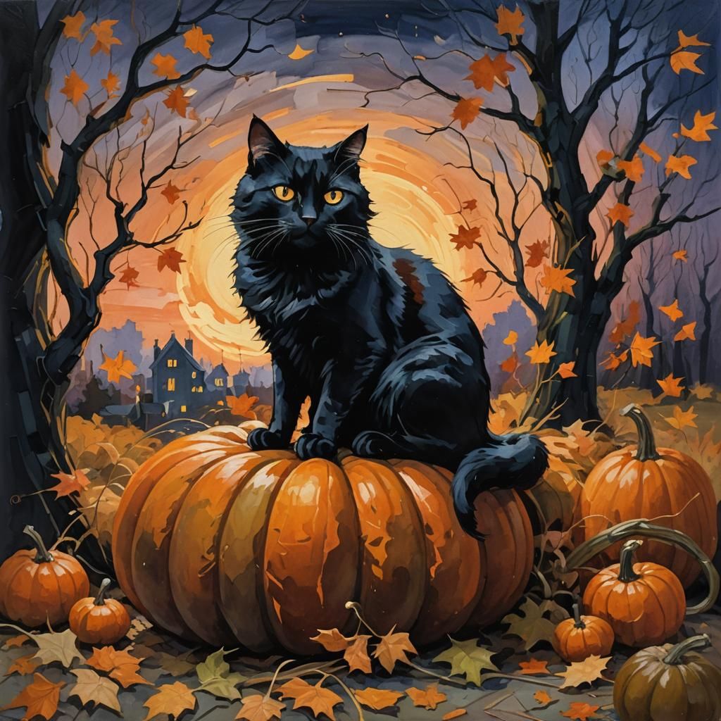Black Cat on Pumpkin in Impressionist Gouache Style
