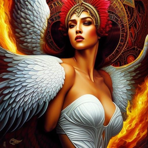 Winged Aries Goddess in Hyperdetailed Oil Painting