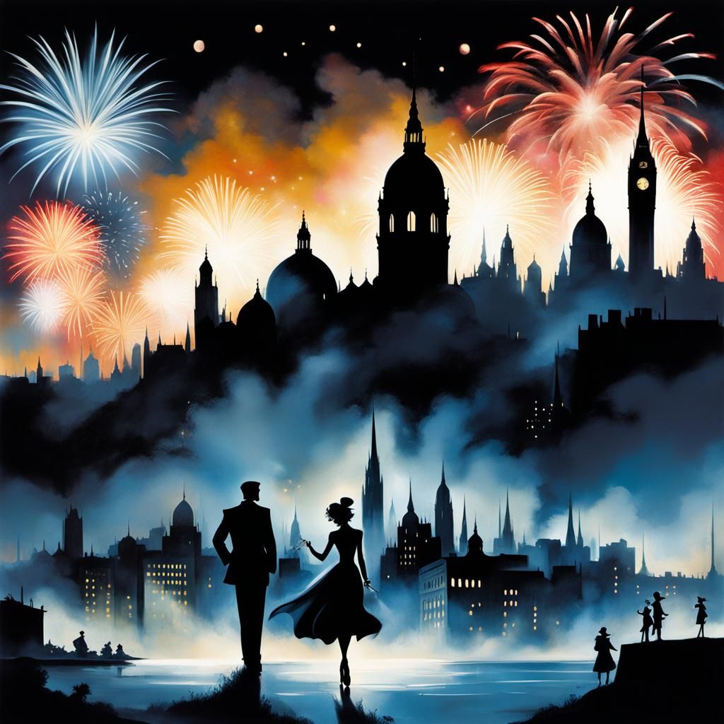 New Year's Eve Fireworks in Dark Fantasy Style