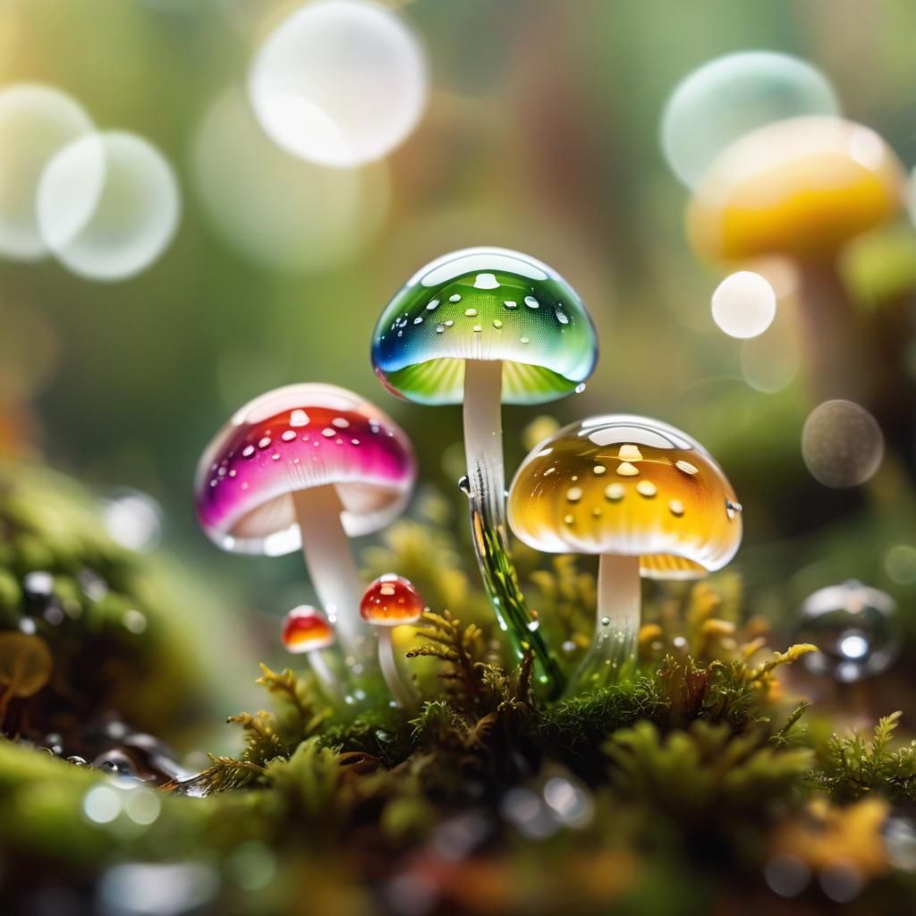 Colorful Transparent Glass Mushrooms in Macro Photography