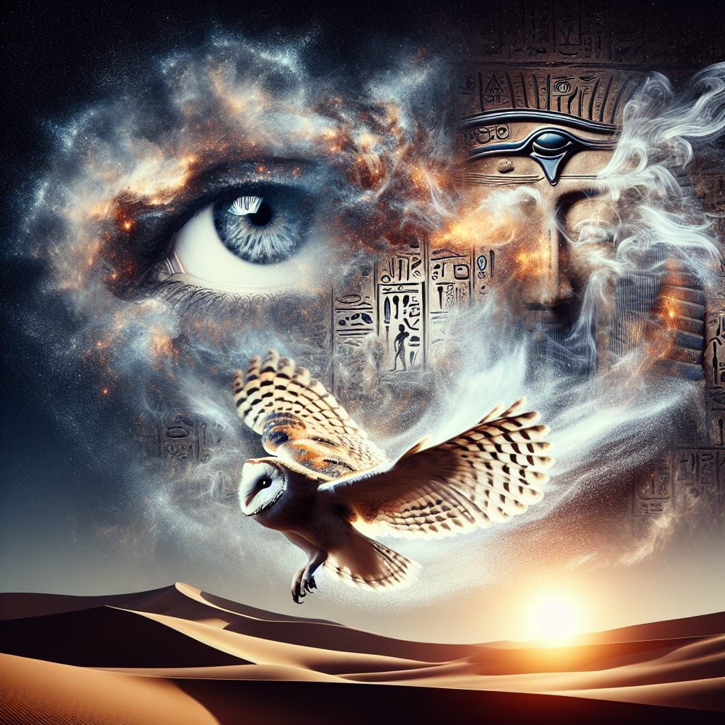 Egyptian Symbols Meet Psychedelic Owl in Double Exposure