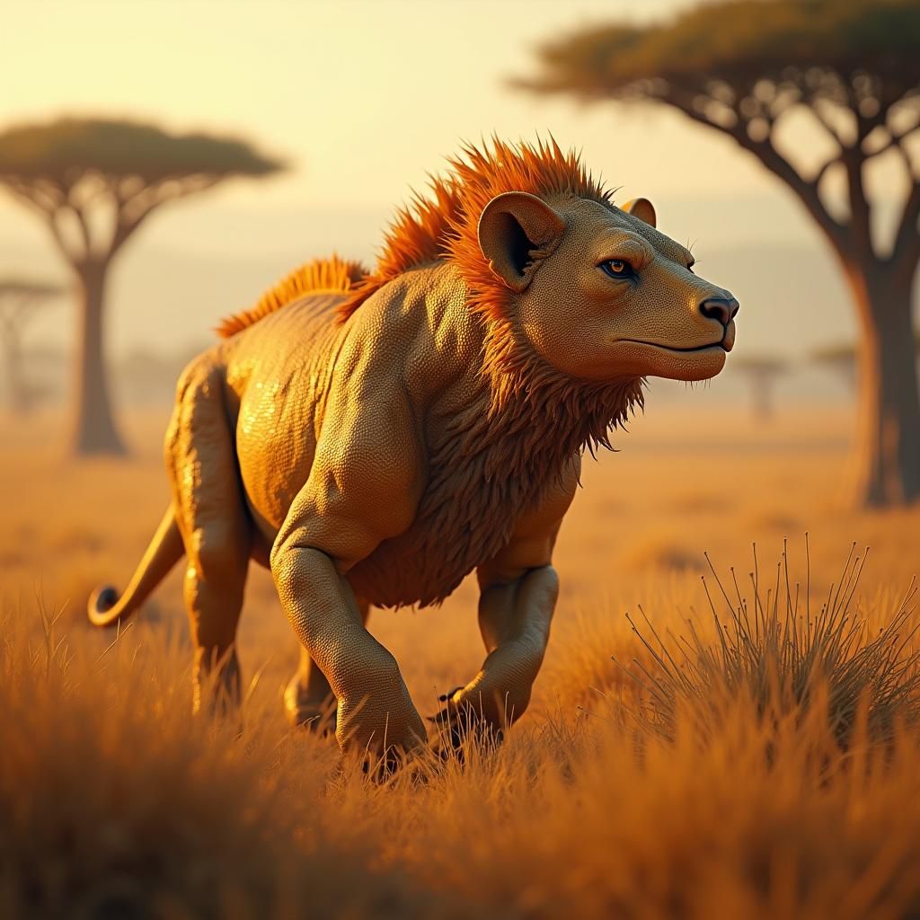 Lion-Chameleon Hybrid Camouflaged on Mystical Savannah