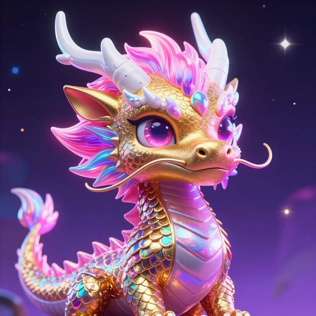 Synthwave Neon Dragon With Rainbow Scales