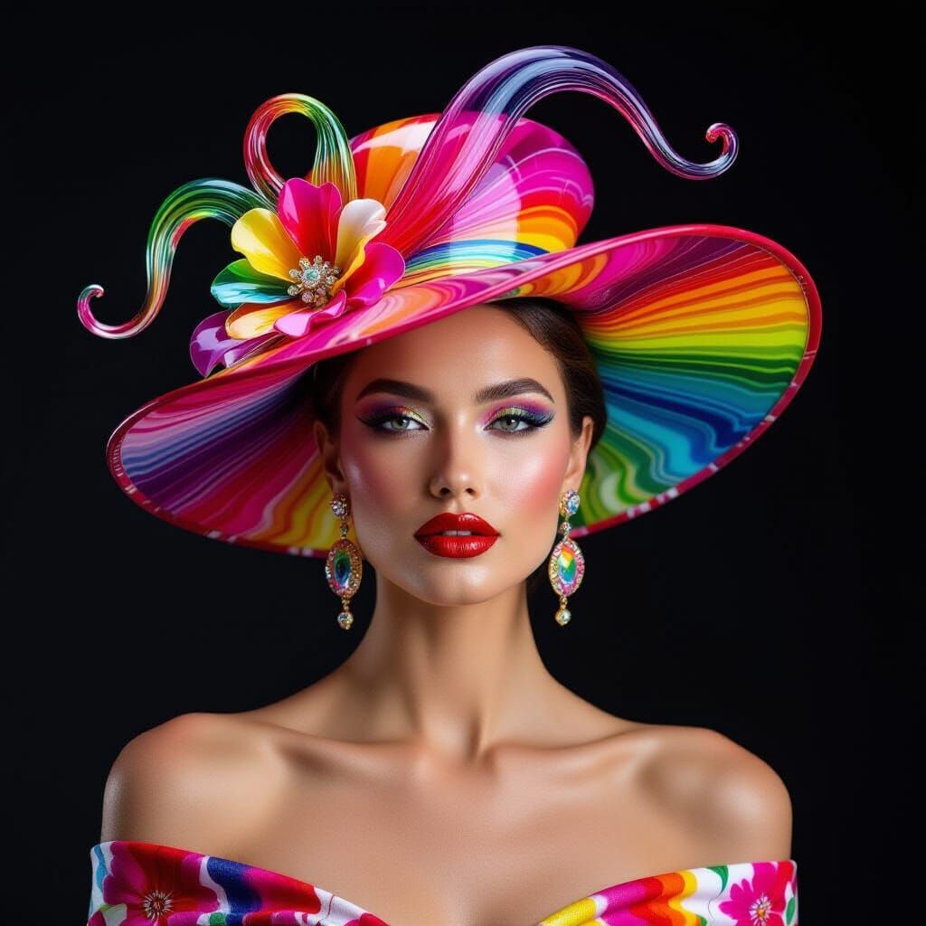 Model in Blown Glass Floral Hat with Candy Colors