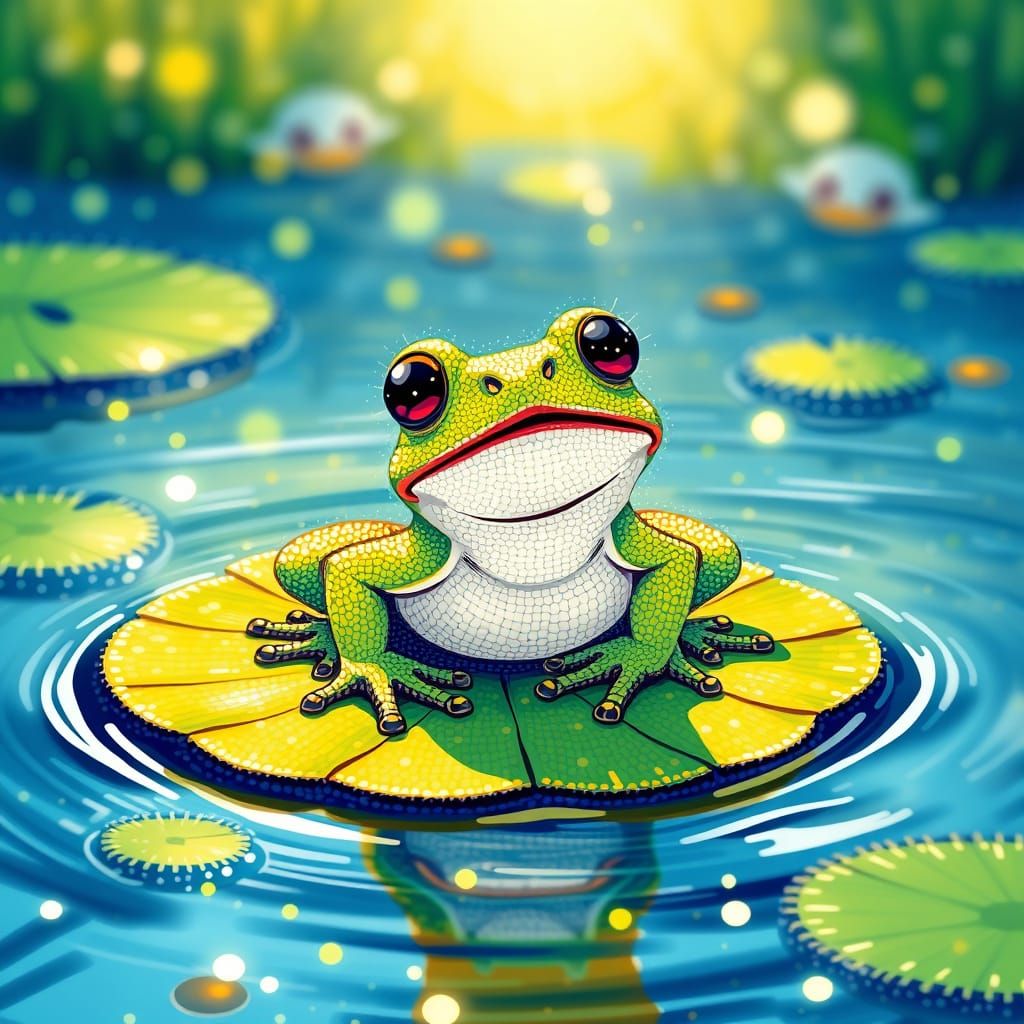 Astonished Frog in Pointillism Style on Lily Pad