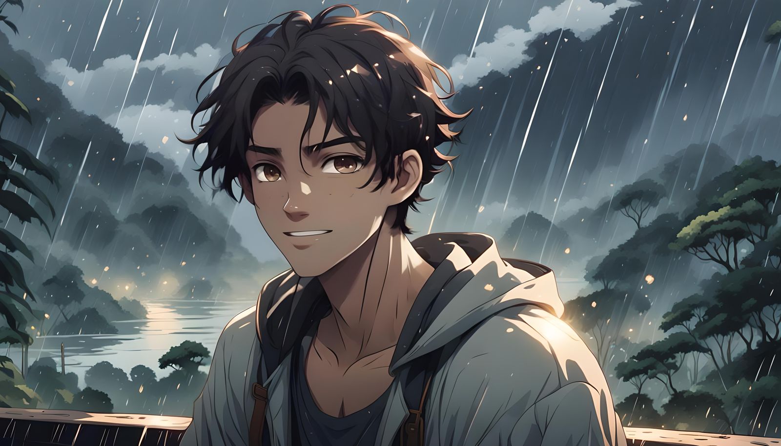 Anime Teen Portrait in Rainy Amazon Dusk
