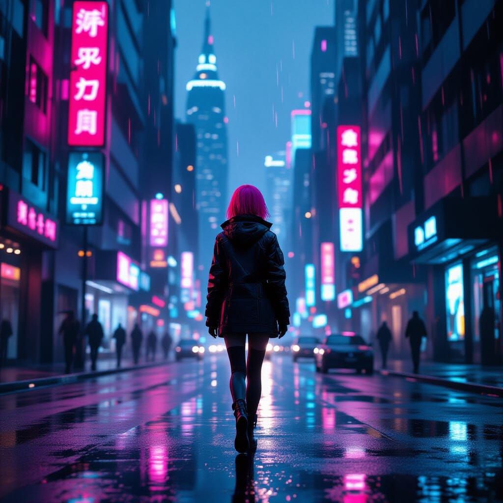 Cyberpunk Girl with Pink Hair in Neon Cityscape