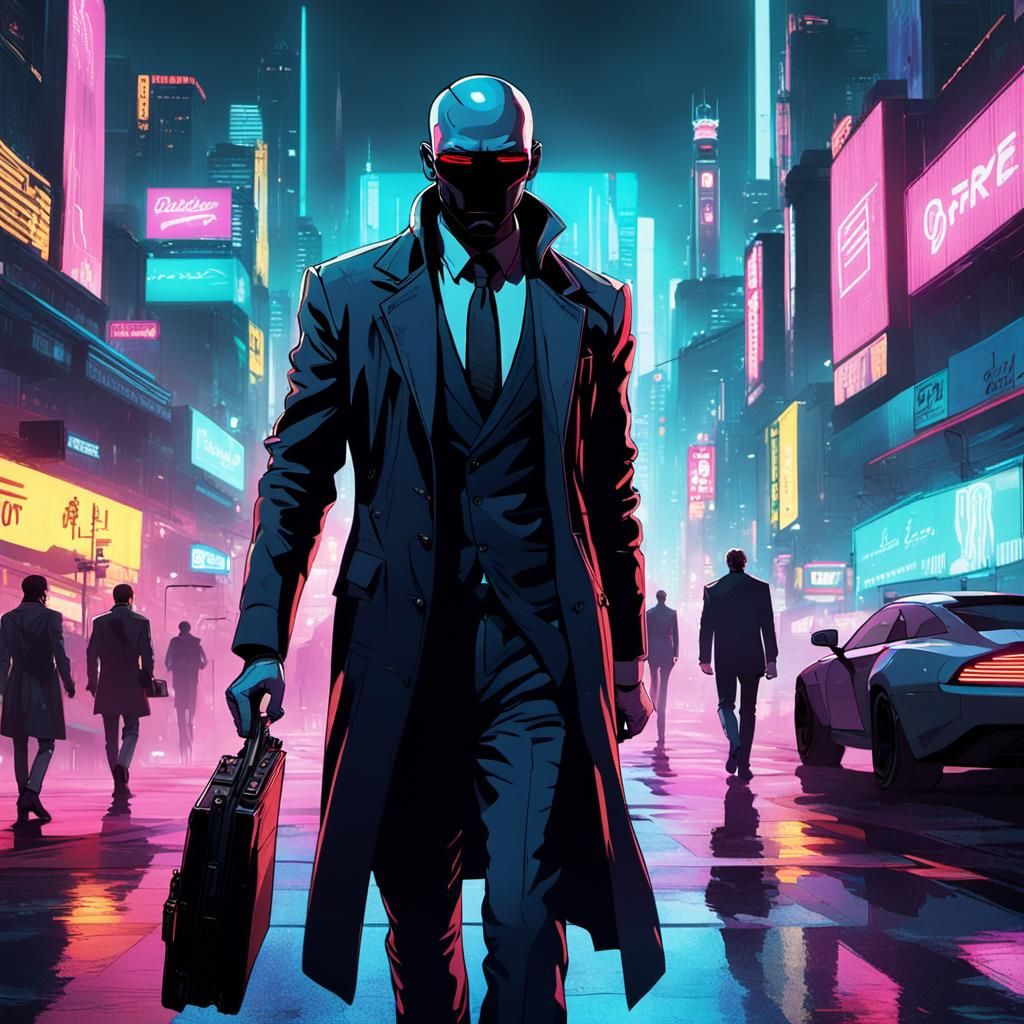 Faceless Android in Cyberpunk Cityscape