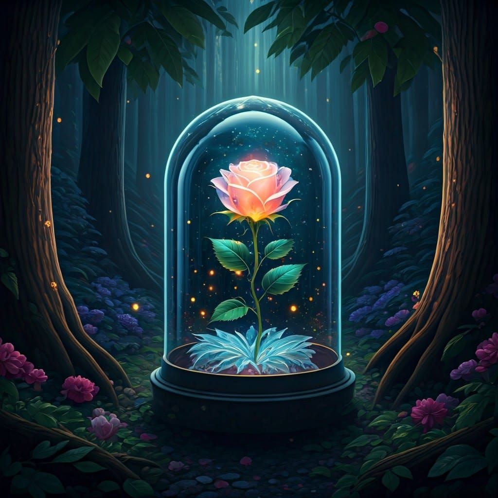 Fairy and Illuminated Rose in Magical Forest