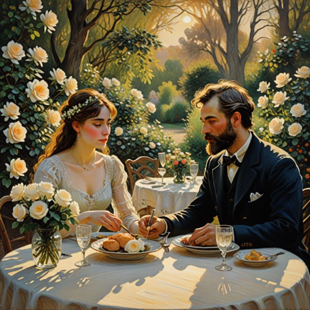 Romantic Sunset Dinner in Impressionistic Style