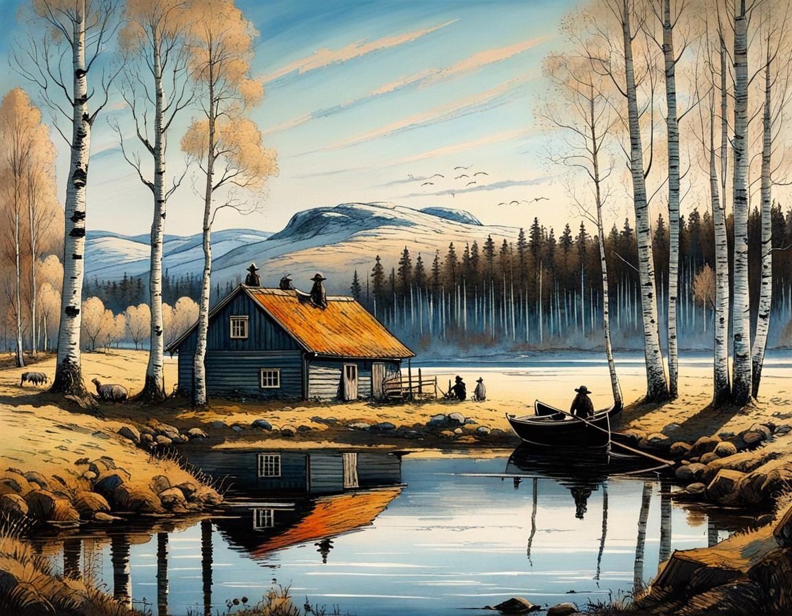 Swedish Farm Scene: Sheep, Boy Fishing, and Lake