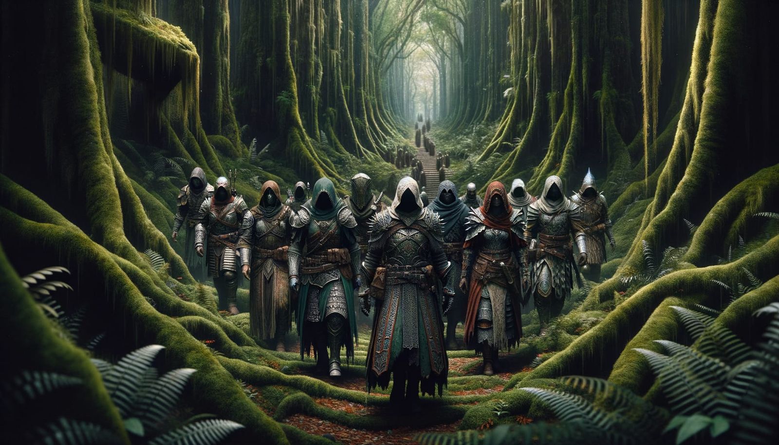 Armored Figures in Mossy Forest at Night