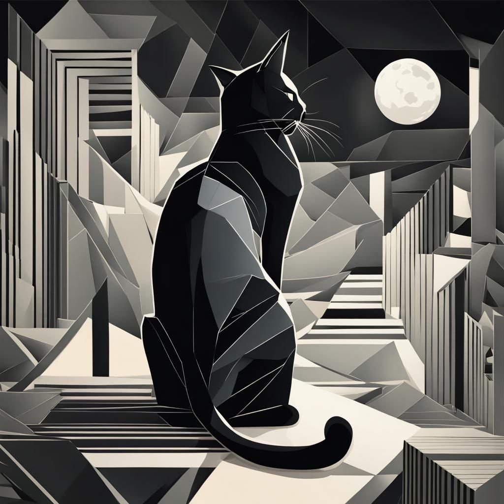 Minimalist Black Cat Gazing at Moon in Cubist Style