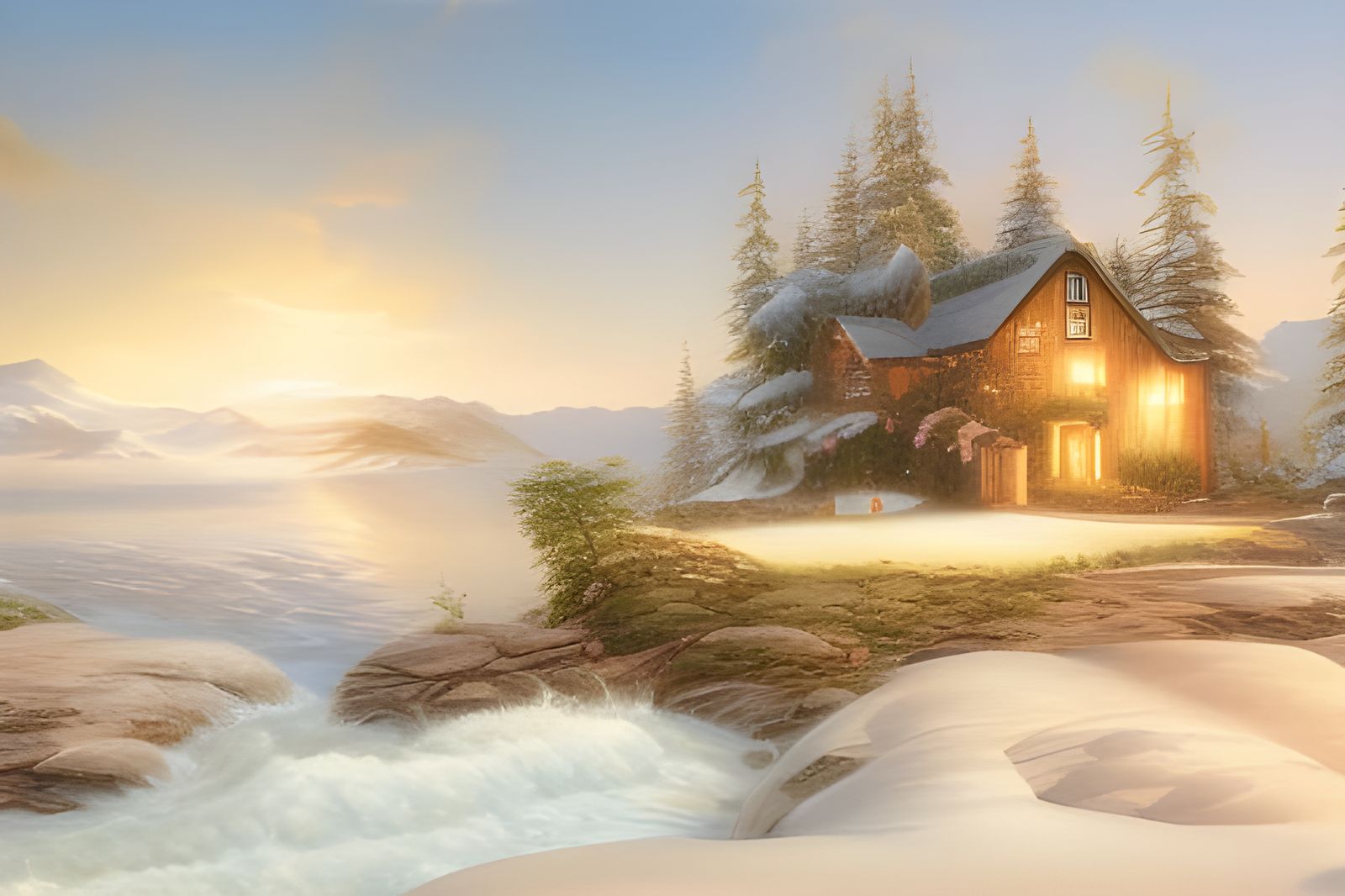 Relaxing Landscape of Mountain River With Cozy Log Cabin at ...