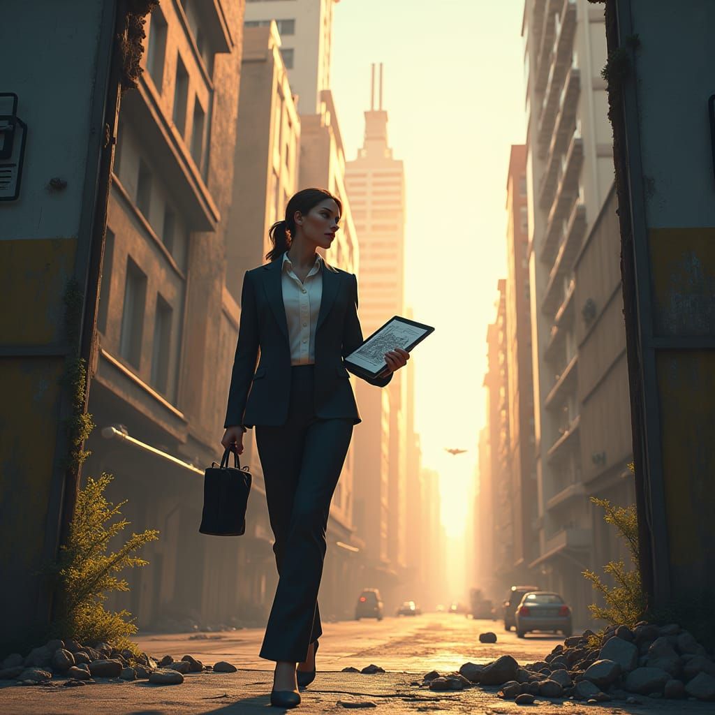 Businesswoman's Urban Transition in Fantasy Concept Art