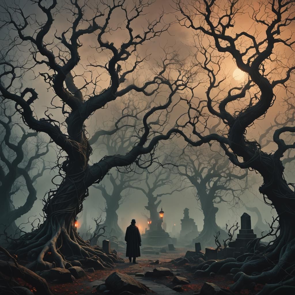 Eerie Figure in Dark Fantasy Garden of Death