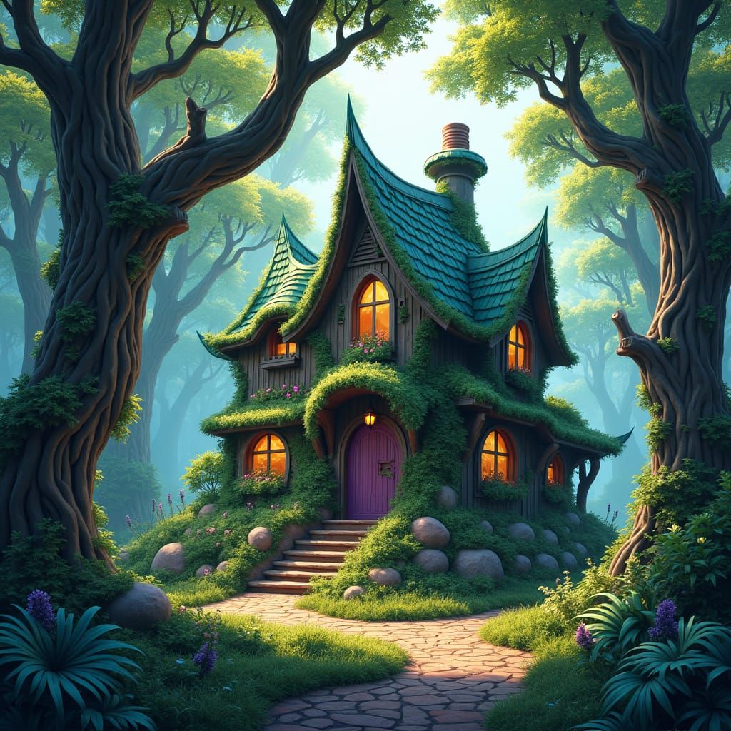 Whimsical Forest House in Atmospheric Matte Painting