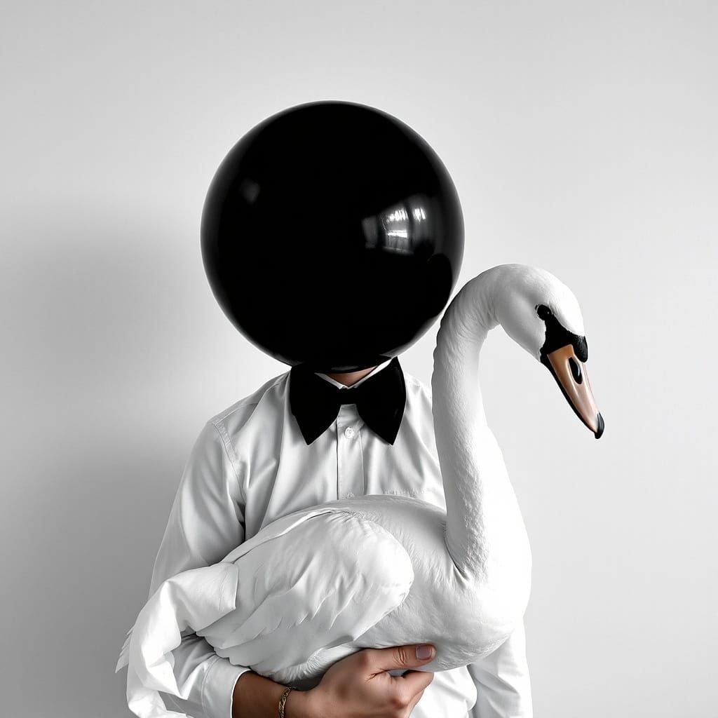 Surreal Black and White Figure Holds a White Swan in Her Arm...