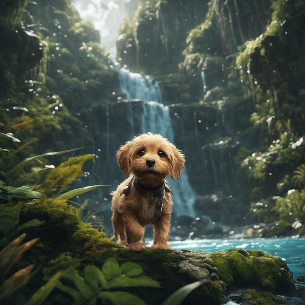 Adorable Puppy Emerges from Jungle Waterfall