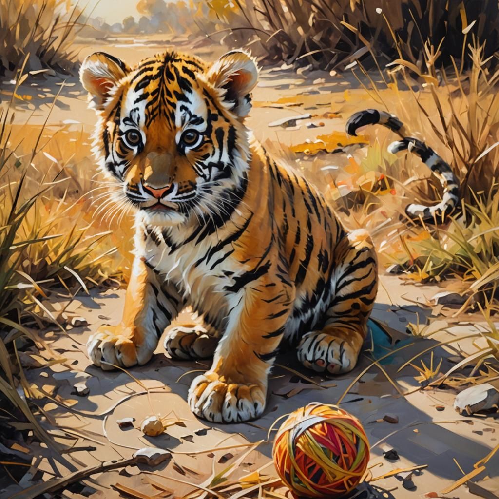 Tiger Cub Playing: Impasto Oil Painting