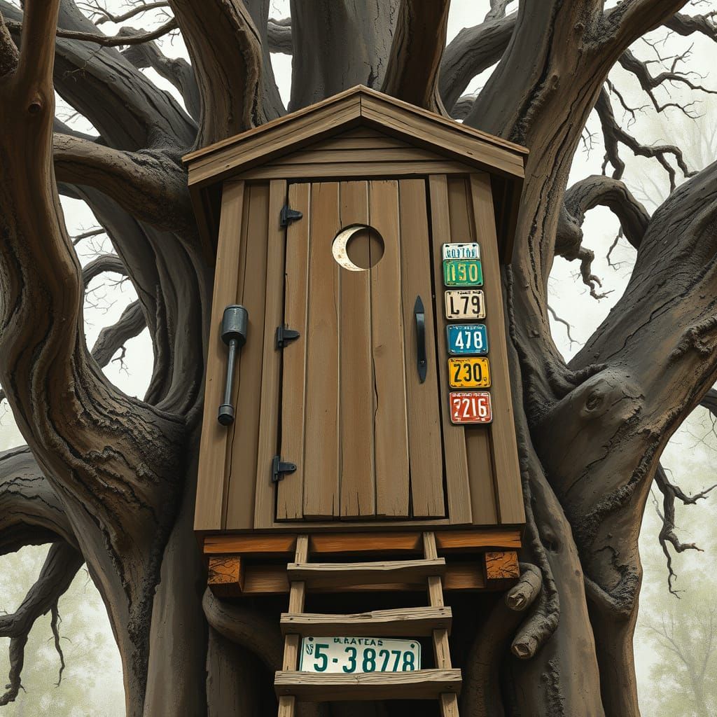 Elevated Rustic Outhouse Amidst Twisted Tree Roots