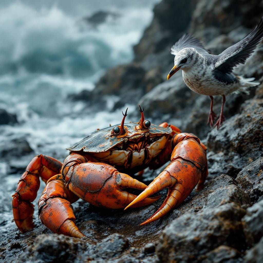 Crab and Seagull on Ocean Shore