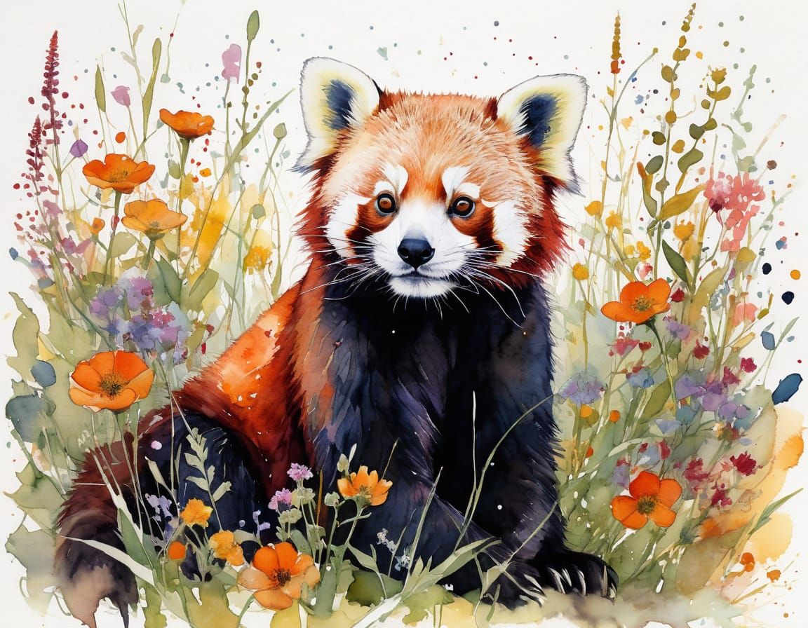 Red Panda Cub in Watercolor Wildflower Field