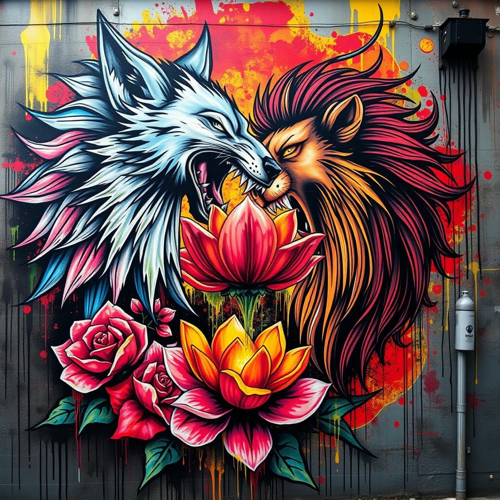 Spectral Wolf and Lion Mural in Vibrant Splash Art Style