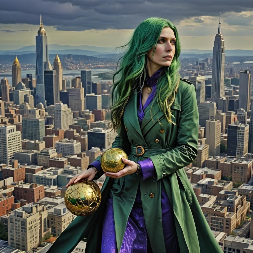 Lizard Woman with Golden Ball in Cityscape