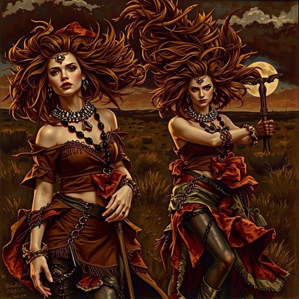 Glamorous Woman on Windswept Moor at Twilight Oil Painting