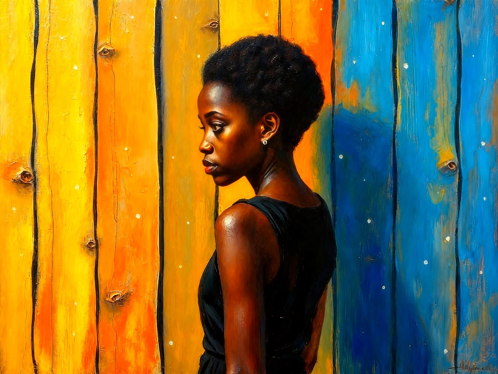 African-American Woman in Oil Painting, Contemplative Portra...