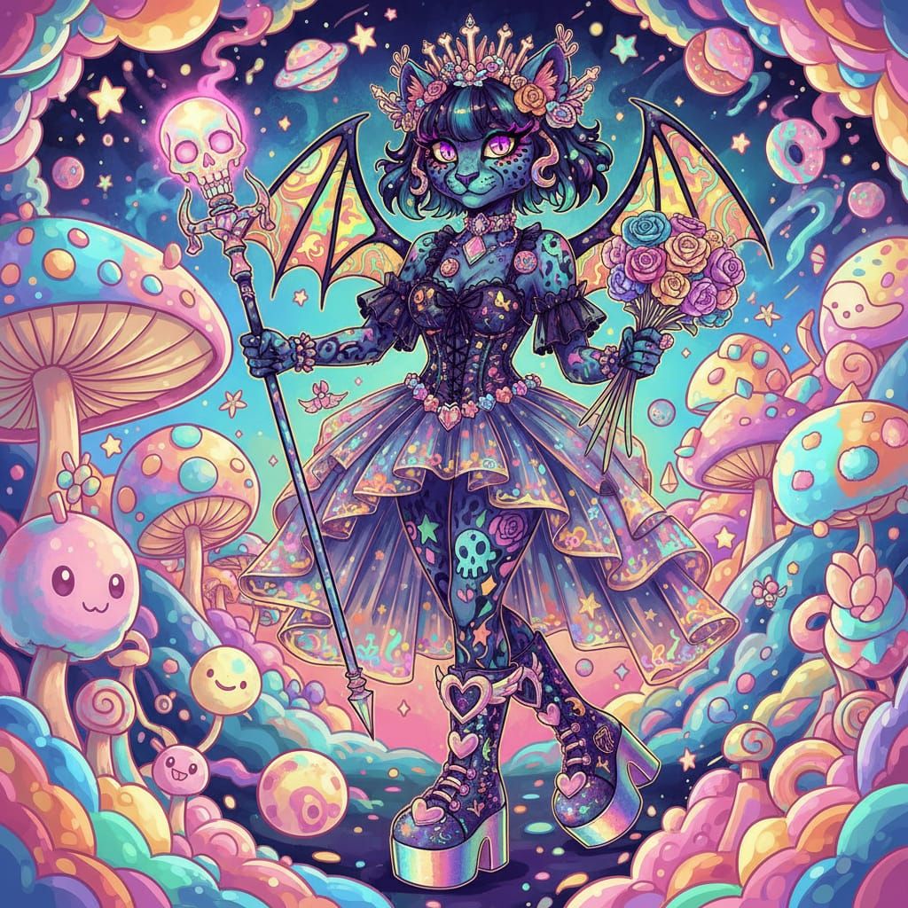 Whimsical Goth Cheetah Cat Woman in Vibrant Cutecore Style