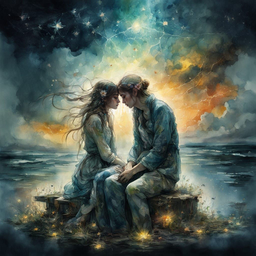 Whimsical Watercolor Scene with Emotional Portraits