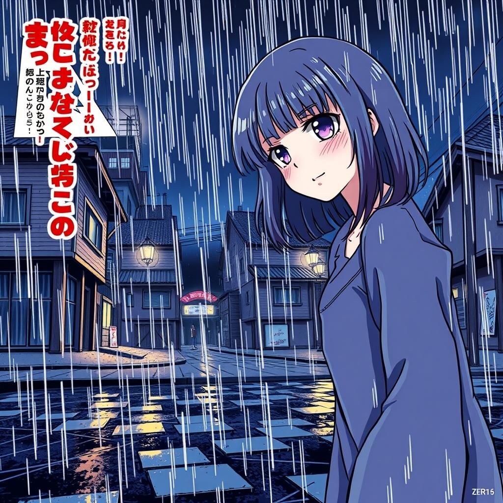 Eerie Stalker in Rainy Night, Manga Style