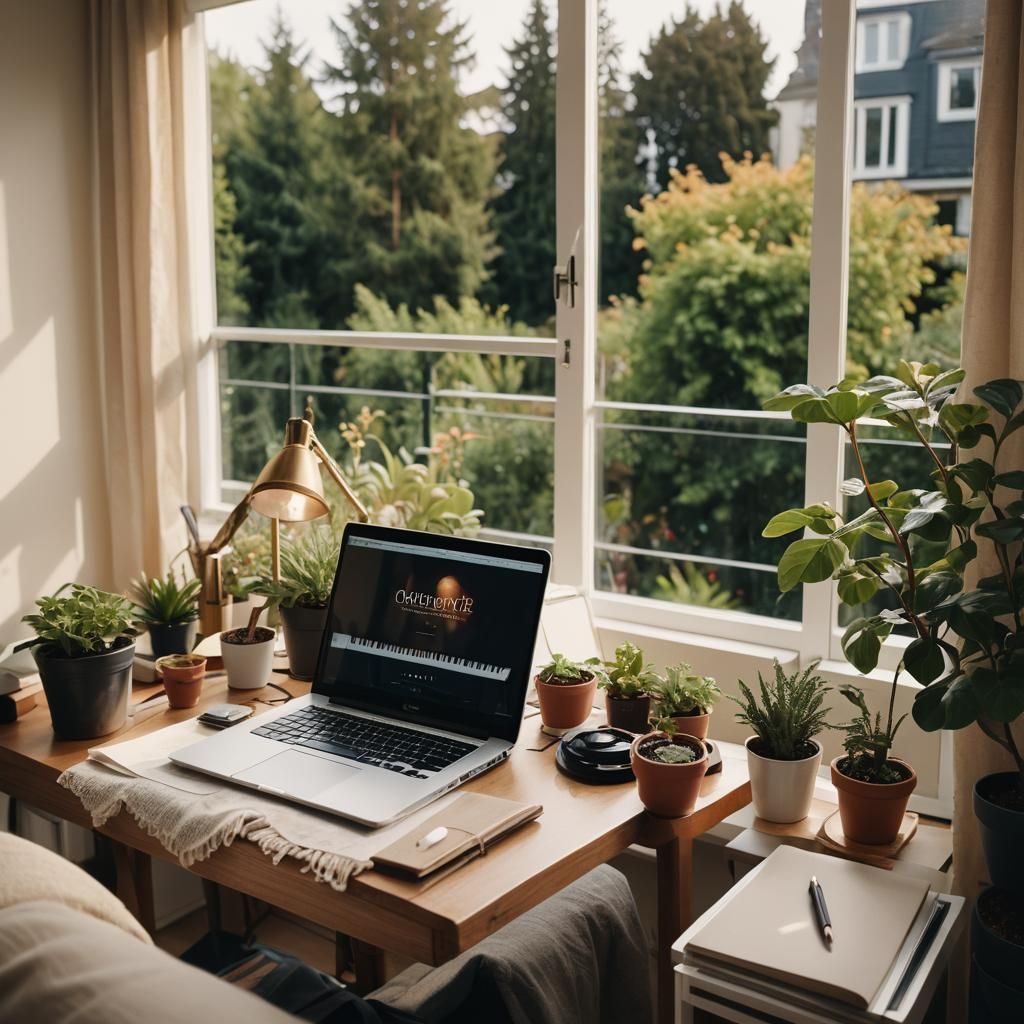 Cozy Home Office with Balcony Garden in Film Aesthetic