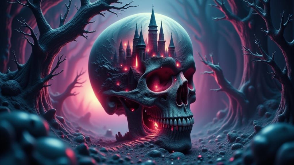 Haunted Skull Castle in Ethereal Liquid Environment